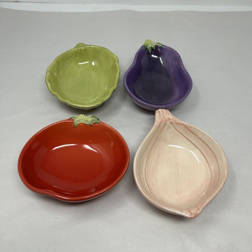 Pottery Barn Garden Pasta Bowls Vegetables Eggplant Tomato Onion Avocado 4pc